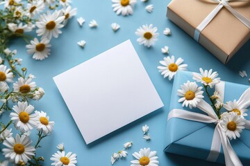 Obraz premium Blank Card Gift Box and White Daisies on Blue Background