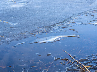 Thin ice on a frozen lake. Specifics of the winter season. Cold weather forecast