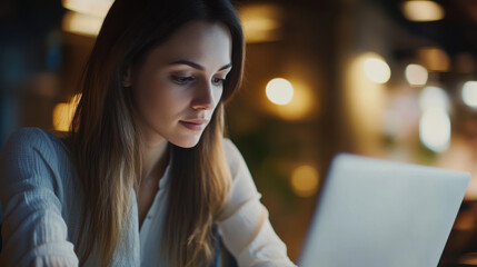 Focused young woman working on laptop in cozy evening home setting intimate ambiance lifestyle inspiration for productivity