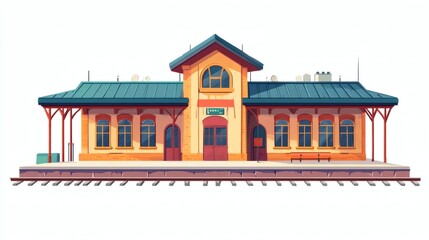 Obraz premium Colorful Vintage Train Station with Red Roof and Wooden Structure