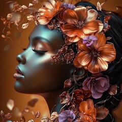 hyper-realistic portrait of woman with dark skin metallic copper elements vibrant flowers surrealist art