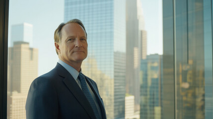 Fototapeta premium Corporate leader posing confidently in skyscraper office modern business environment professional portrait urban view