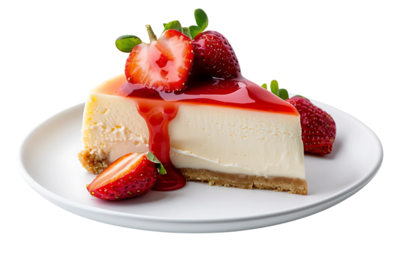 Strawberry Cheesecake Delight: A mouthwatering slice of strawberry cheesecake, adorned with fresh strawberries and a vibrant red glaze, rests on a pristine white plate.