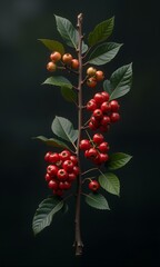 Obraz premium Red berries on bush with green leaves.