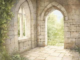 Fototapeta premium Tranquil Stone Archway Garden View