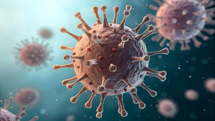 Fototapeta premium Microscopic Menace: A photorealistic depiction of coronavirus particles, showcasing their menacing form and biological structure against a vibrant background.