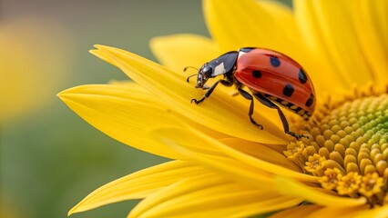 Obraz premium Ladybug on Sunflower: A vibrant ladybug with its iconic red and black spotted shell delicately perches on a bright yellow sunflower, showcasing the beauty of nature's miniature wonders.