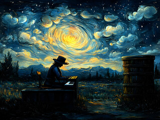 A pianist under a starry night sky
