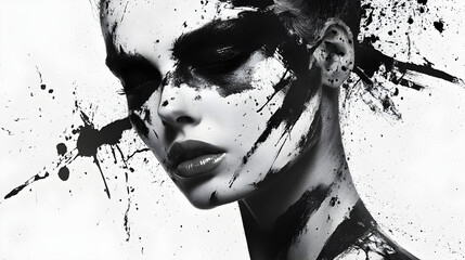 A high-fashion black-and-white look with contrasting monochrome paint splashes