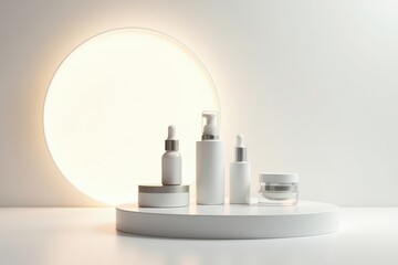 Skincare items arranged around soft lighting