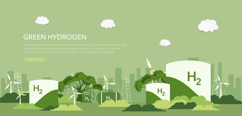 Green hydrogen energy concept, Environment, eco friendly industry and alternative energy. Reducing greenhouse gas emissions. Green vector illustration.