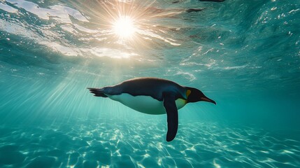A magnificent emperor penguin swimming through crystal-clear waters, Full HD, 32k Resolution 