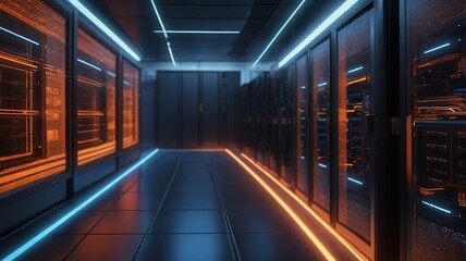 Fototapeta premium A Futuristic Server Room Glows With Vibrant Orange And Blue Neon Lights Illuminating Rows Of High-tech Data Storage Units In A Sleek, Modern Design
