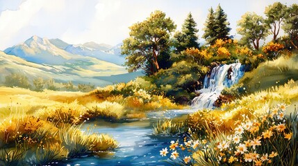 Obraz premium Serene Cascading Waterfall in a Lush Green Field Surrounded by Mountains and Trees