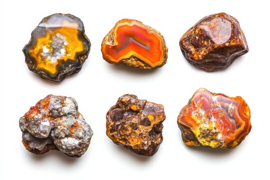 Colorful fire agate assortment displayed on a clean white background with sharp details and realistic lighting