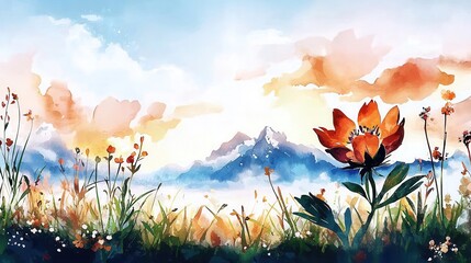 Vibrant Close-Up of a Single Wildflower Against a Scenic Mountain Landscape