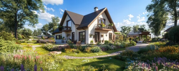Obraz premium Charming Modern House Surrounded by Lush Garden in Bright Daylight