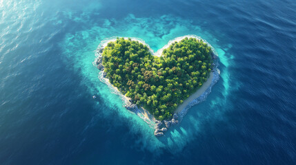 An aerial view of heart shaped tropical island in the middle of the ocean.Top view of heart shape love island with the blue ocean and white sand beach.