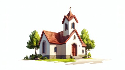 Fototapeta premium Serene Small Church Surrounded by Lush Greenery and Blue Sky