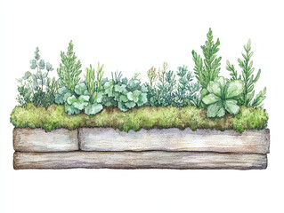 Naklejka premium Watercolor Illustration of a Planted Wooden Box