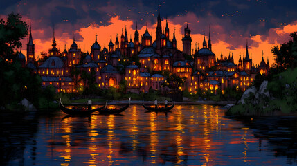 Naklejka premium City by Water, Sunset Glow