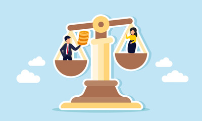 Businessman carry a stack of coins stands on side of the scales of justice, while a businesswoman on another, illustration of preference in select investors with strong financial