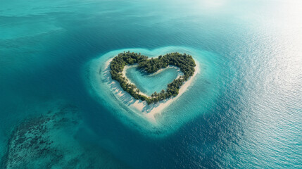 An aerial view of heart shaped tropical island in the middle of the ocean.Top view of heart shape love island with the blue ocean and white sand beach.