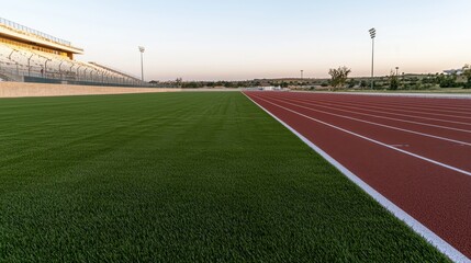 Fototapeta premium A vibrant sports field with a well-maintained running track at sunset.