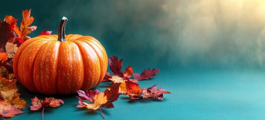 Autumn pumpkin and dry maple leaves on a teal background with warm light
