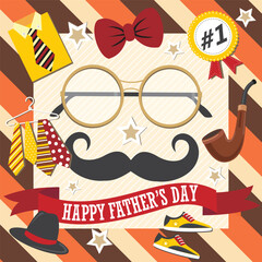Happy father's day with glasses, mustache, pipe, shirt, ribbon and hat