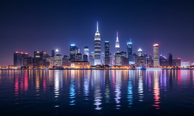 Fototapeta premium Skyline city at night with reflection in water.