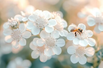 Poisonous Hogweed Plant Large White Flowers Close-Up with Bee in Natural Sunlight