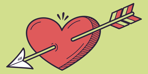 Heart with cupid arrow icon. Isolated on green background