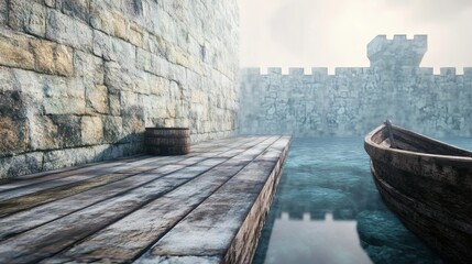 Obraz premium Serene Harbor Scene with Stone Wall and Small Wooden Boat