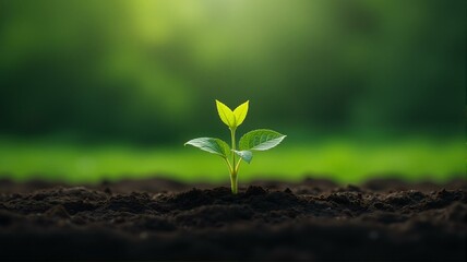 Fototapeta premium Small green plant sprouting from soil.