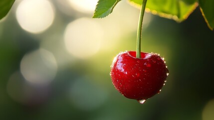 Ripe cherry with glossy red skin and water droplets, green stem, isolated on blurred background. Freshness and natural beauty in focus.
