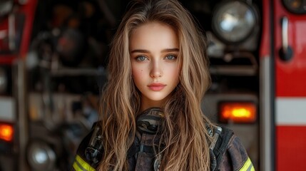 Fototapeta premium Confident Woman Firefighter Standing Proudly in Front of Fire Truck Ready for Action