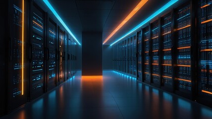Fototapeta premium A Mesmerizing Digital Corridor Pulsating With Vibrant Blue And Orange Neon Lights Illuminating Rows Of Humming Server Racks, A Futuristic Data Center Glowing With Technological Power