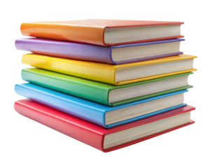 Collection stack of colored study books isolated on transparent Background. Pile of Educational Books with Vibrant Covers. PNG