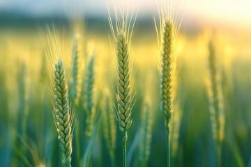 Fototapeta premium Close Up of Green Wheat Ears in Serene Field with Soft Background