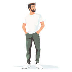 Fototapeta premium Young Man standing with hands in pockets character isolated on a white background, Flat style cartoon vector illustration