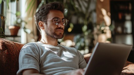 Obraz premium A man working on a laptop in a cozy living room, surrounded by plants and soft lighting. Perfect for projects related to remote work, productivity, or home office settings.