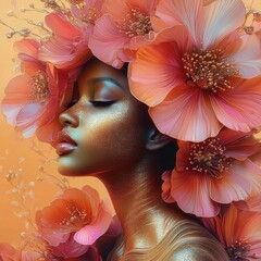 radiant portrait of African woman with metallic golden skin and pastel flowers in hair modern artistic expression