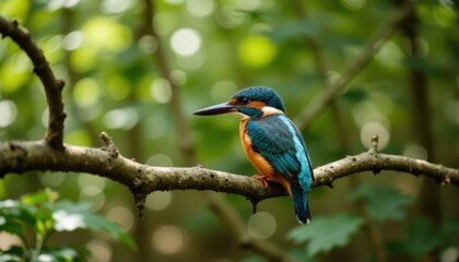Obraz premium A vibrant kingfisher with iridescent blue and orange feathers perched on a branch in a lush, green forest setting