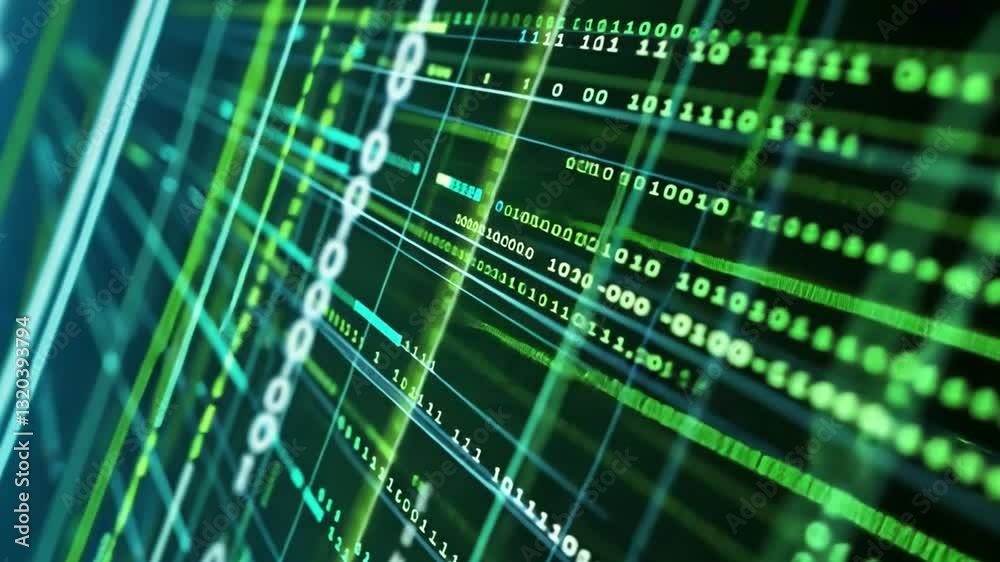 Poster futuristic digital matrix of green binary code exploring data streams, technology, and cybersecurity