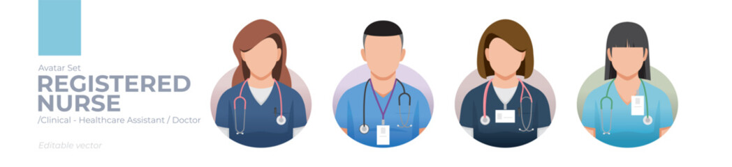Registered Nurses picture avatar icons. Illustration of men and women wearing scrubs outfit