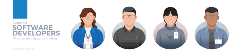 Software Developers picture avatar icons. Illustration of men and women various outfit
