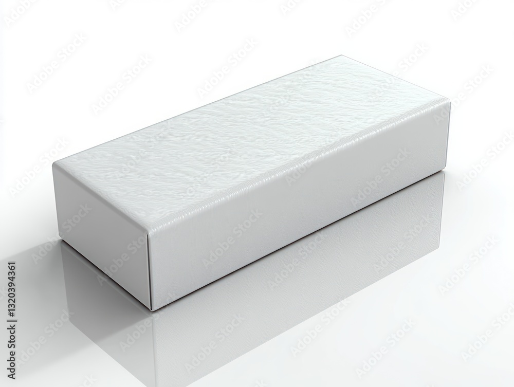Poster Minimalistic White Rectangular Cardboard Box on Reflective Surface with Clean Edges and Soft Lighting