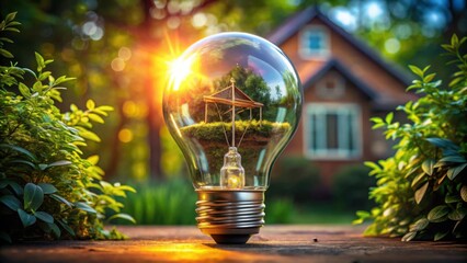 Light Bulb with Outdoor Reflection Against a Beautiful Home Scene