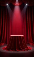table with red cloth and lights on stage.